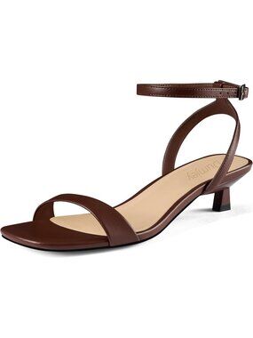 Women's Brown Faux Leather Square Open Toe Ankle Strap Kitten Heel Sandals